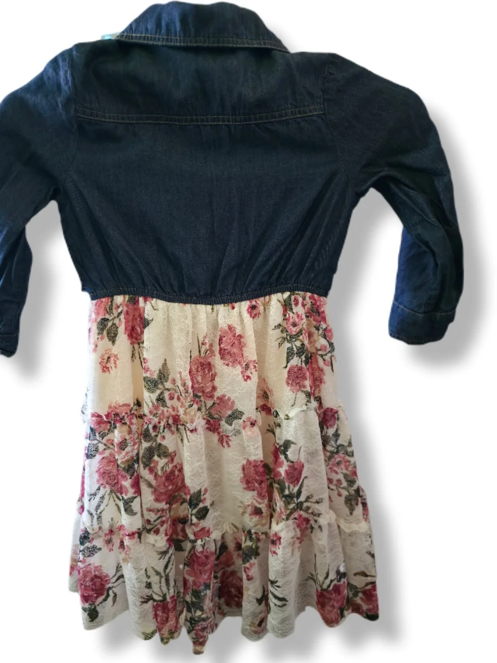 Girls Size 7/8 Denim Top Dress With Floral Lace Skirt Bottom